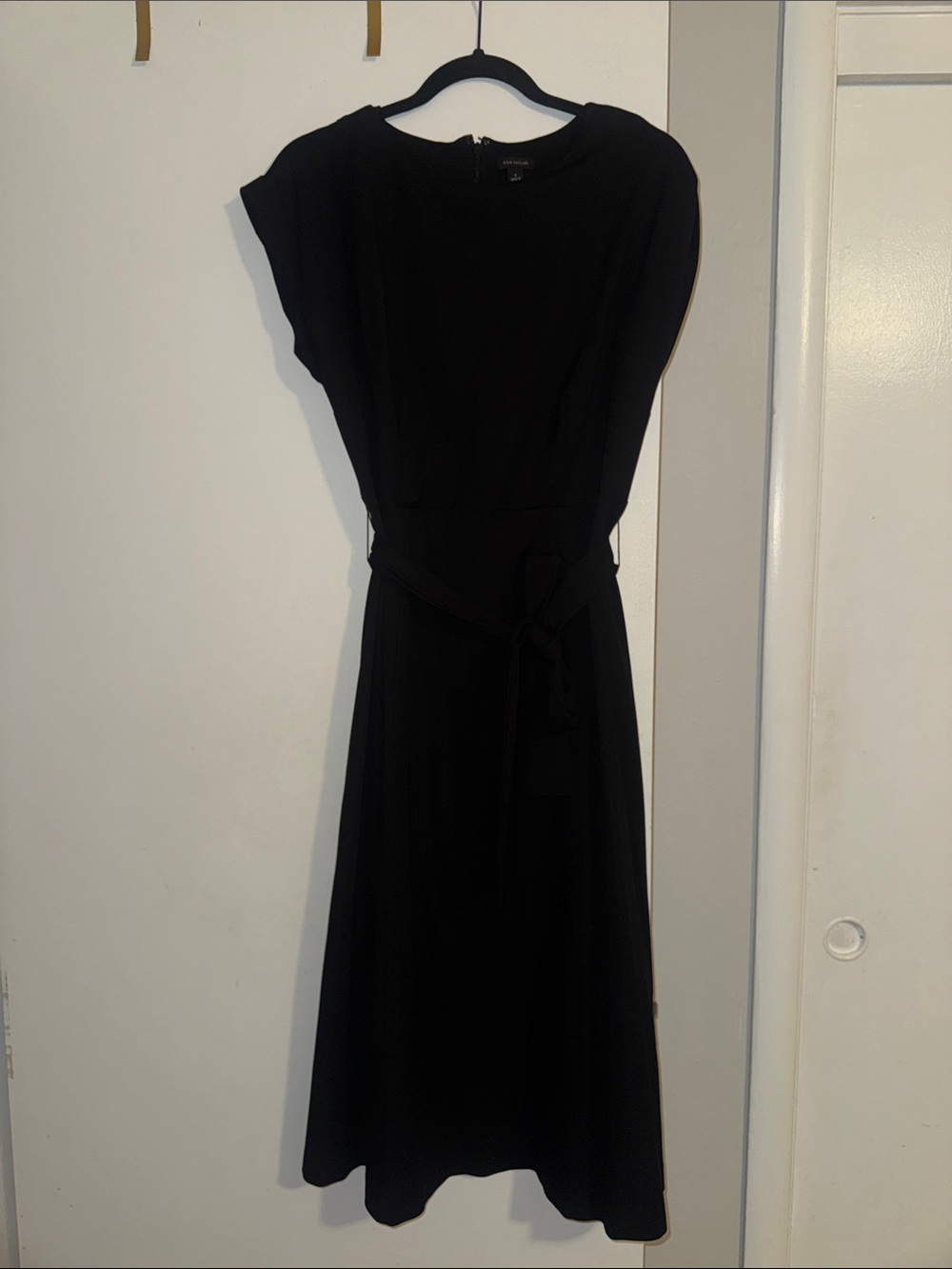 Ann Taylor Cap Sleeve Black Tie-Waist Midi Dress
